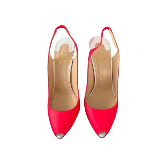 CHRISTIAN LOUBOUTIN Neon Pink White Slingback Heels Size 37 / US 7 - Picture 4 of 10
